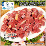 Beef BLADE Australia frozen daging sapi sampil CUBED-DADU RENDANG / CURRY BITE-SIZE 2cm 5/8" (price/pack 600g +/-50pcs) any brand in stock; GBP, WMPG, RALPHS or AMH